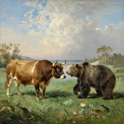 a painting of a bull encountering a bear in the meadow, by George Stubbs, 1787