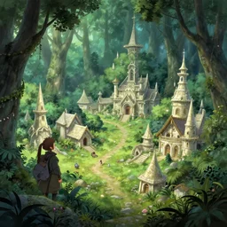an elven village made of ivory deep in a lush magical forest, anime, a fantasy digital painting by Greg Rutkowski and James Gurney, trending on Artstation, highly detailed