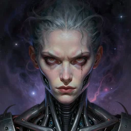 surreal portrait by Greg Rutkowski, symmetrical face, biomechanical transhuman god, disturbing, terrifying but fascinating, with a determined and sinister expression on his face, cosmic void background, frightening, fascinating, highly detailed portrait, digital painting, book cover, artstation, concept art, smooth, sharp foccus ilustration, Artstation HQ