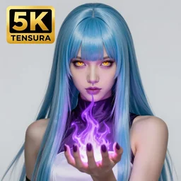 rimuru tempest from tensura holding purple flames in her palm, with amber eyes of golden colored eyes, straight hair, sky blue hair, long bangs, high collar, concept art, award winning photography, digital painting, cinematic, wlop, 8 k, by ross tran, tom bagshaw, andy warhol