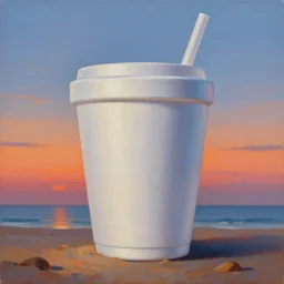 an oil painting of a giant styrofoam cup on the beach, beautiful sunset, surrealism