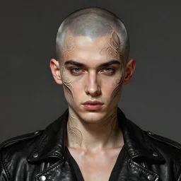 a handsome man, shaved head, punk, intricate, elegant, dramatic lighting, gorgeous face, black leather jacket, highly detailed, lifelike, photorealistic, digital painting, artstation,  illustration, concept art, smooth, sharp focus, art by John Collier and Albert Aublet and Krenz Cushart and Artem Demura and Alphonse Mucha