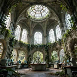 atrium with vines and windows, science lab, futuristic, high arches, overgrown, abandoned, atmospheric, godreys, cathedral ceiling, intricate, ornate, retrofuturism, beautiful, highly detailed, low angle photography,