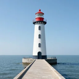 very very tall pontoon with a narrow path leading to a lighthouse in the horizon, there is a tall tree at the beginning of the path, its rainy and the lighthouse is turned on, moody
