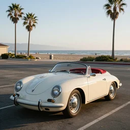 abadoned porsche 356 roadster, red interior, at a car park next to a beach in california , morning