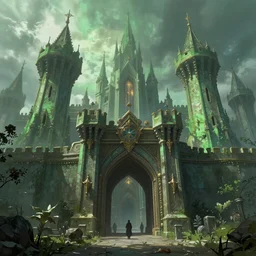 entrance to the alchemist guild, fantasy fortress, mystical greenish towers, by sergey vasnev,