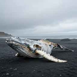 A photo of a whale skeleton stranded in a beach in Iceland