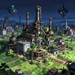 a beautiful hyperdetailed anime illustration of city industrial architecture unfinished building urbex building nature abandoned architecture fertile land by kengo kuma, at night gem clear night cgsociety universe myst evil extraterrestial architecture island assassin's creed, archdaily, wallpaper, highly detailed, trending on artstation.