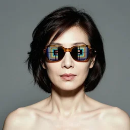 A woman wearing sunglasses designed by Nam June Paik, portrait, by Diane Arbus
