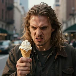 an angry god looking at his tiny ice cream cone in nyc.