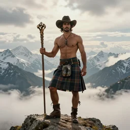 a portrait by greg rutkowski and albert bierstadt of a handsome!! shirtless desi hiker on a mountain peak | he is wearing a short tartan kilt, cowboy hat, and leather boots | he is holding a wizard staff | background is snowy mountains and clouds | homoerotic, highly detailed, detailed face, dramatic, ethereal, dreamlike | trending on artstation