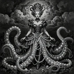 By Tom Bagshaw, ultra realist soft painting of a curiosities carnival pearls and tentacles by night, very beautiful female dollpunk in full gothic dress, symmetry accurate features, very intricate details, omnious sky, black and white, volumetric light clouds