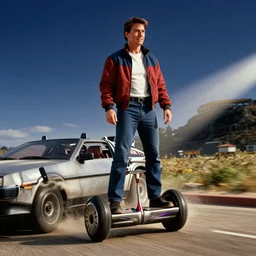 tom cruise as marty mcfly in back to the future, hoverboard, delorean, biff