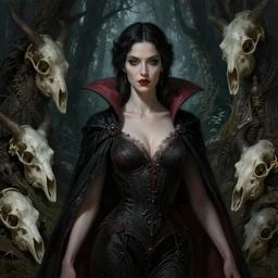painted portrait of female vampire, standing in dark ancient fantasy forest, surrounded by animal skulls, upper body, fantasy intricate elegant extremely detailed digital painting trending artstation concept art sharp focus illustration art by gustave courbet greg rutkowski craig mullins