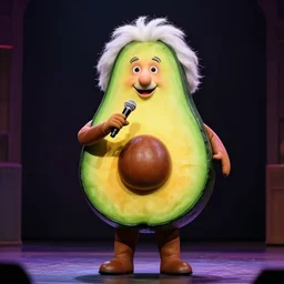 einstein inside an avocado costume on a stage, giving a speech, ultra realistic, hyperrealistic, extremely detailed, volumetric illumination, 8 k