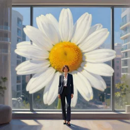 huge daisy flower head, woman in suit, standing in front of modern window in luxury apartment, surreal photography, sunlight, impressionist painting, digital painting, artstation, simon stalenhag