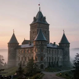 a highly detailed photo of a nordic castle surrounded by a mist shot during sunrise on 3 0 mm film painted by alena aenami, rendered in unreal engine