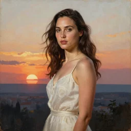 Painting of Gal Gadot by William Adolphe Bouguereau. Sunset. Extremely detailed. 4K. Award winning.