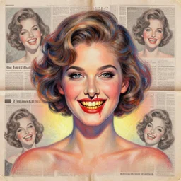 a handmade collage painting with newspapers of a girl from 1 9 8 0 s with bleeding nose, golden teeth, high detailed, retro style painting, retro pastel colored palette, grain and texture, dancing heads, illustration, oil pastel drawing, symetrical, in the middle, looking to camera, high shoulders, gradient lighting at the back, sharp teeth, red paint stains, extremely elegant drawing, looking straight, lens correction, sharp focus, 8 k