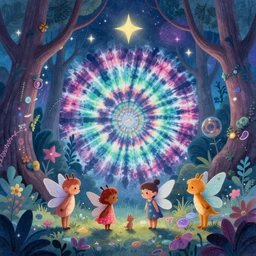small fairies, trippy enchanted cosmic tye dye forest, forest animals, stars in the sky, butterflies, rainbows, psychedelic, wide angle shot, white background, vector art, illustration by frank frazetta