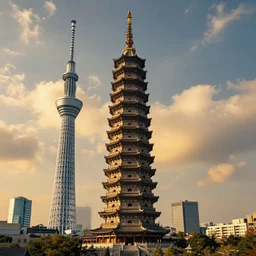distant full - color photo of : an extremely - tall ornate ancient pagoda with hundreds of levels is taller than the nearby skytree and tokyo tower and contemporary skyscrapers of tokyo. the pagoda rises much higher than skytree and tokyo tower and reaches above the clouds all the way to heaven in golden rays of sunlight, and it has many carvings and statues. professional architectural photography with many small details ; majestic ; astounding.