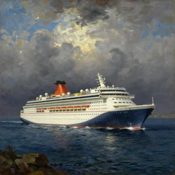 painting of cruise ship off the dalmatian coast in the style of j. m. w. turner