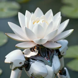 futuristic nymphaea themed mecha waterlily upper body, sepals forming helmet, highly detailed, nymphaea, 8 k hd resolution, barbatos lupus rex with floral inlay, bandai box art, star wars, makoto kobayashi, frank gehry, raymond swanland