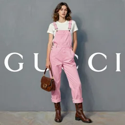 a woman in pink overalls and brown boots, oil painting, gucci poster