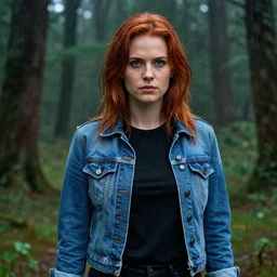 an insanely detailed realistic depiction of beautiful jodi from stardew valley standing in the rainy forest wearing black shirt under blue denim jacket, auburn hair, pretty blue eyes, in the style of peter mohrbacher, artgerm, dramatic lighting and composition, octane render, trending on artstation, concept art 8 k
