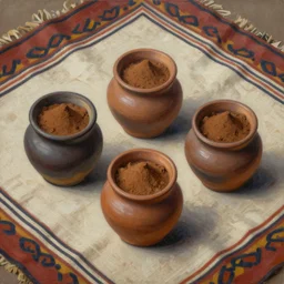 a painting of 3 small open pots containing brown powder on a beautiful indigenous fabric, matte painting, by christophe vacher