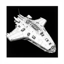 bw drawing of sci - fi spaceship by mc escher, black background