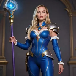 hyper realistic character sheet of Lux (League of Legends) played by Margot Robbie, wearing a blue body suit, metal chest piece, white frills, holding a magical staff, 4k, Carl Zeiss, sigma, Tamron so 85mm, cinematic, lute