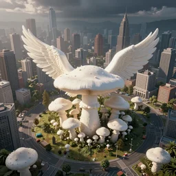 A bird's-eye view of the city made of white mushrooms, unreal engine, HD, photo