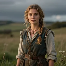 portrait, a hardworking halfling female farmer, ragged clothes, standing in a field