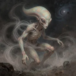 a shapeless extraterrestrial andromedan made of space and time, weaving dust of predetermination and a state of utter confusion across the universe, muted colors, fantasy illustration, digital art