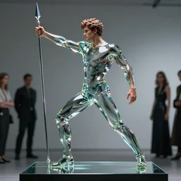 a beautiful young fit man made of reflective glass, on a pedestal, wielding a spear, by philippe starck and victoria hagan, dynamic pose, cinematic lighting, detailed digital photography by rutkovski and beksinski, masterpiece, gorgeous, 4 k