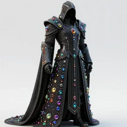 dark chainmail cybernetic armor cloak dotted with glowing multicoloured gems and iridescent crystals, realistic render artwork, detailed, stealth coating, intricate linework, clear focus, ornate, powerful royal assassin, glimmering magical colors, unreal engine, octane render, trending, galactic, wlop, rutkowski, chebokha, shinkai