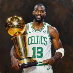 portrait of demarcus cousins in boston celtics jersey, holding the larry o'brien trophy, oil on canvas by william sidney mount, champion, inspiring
