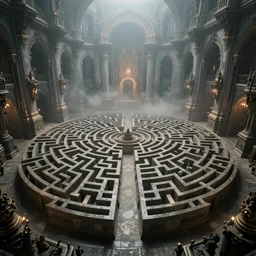 Inside of a labyrinth, intricate, baroque, wonderland, mist, cinematic shot, photorealistic, photography, octane, high definition, detailed, 8k, artstation