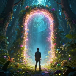 a man standing in front of a glowing sparkling gigantic portal in a mysterious jungle, fantasy, flowery, particles, fireflies, octane render, unreal engine, artstation, digital art