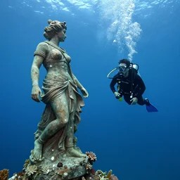 a scuba diver ploring statue underwater, a masterpiece by rodrigo martinez, best painter in the world