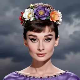 closeup portrait fine art photo of the beauty audrey hepburn, she has a crown of stunning flowers and dress of purple satin and gemstones, symmetrical realistic eyes, background full of stormy clouds, by peter mohrbacher