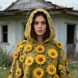a woman wearing a hooded cloak made of zinnias and barbed wire, in a derelict house, by Manny Librodo, natural light, detailed face, CANON Eos C300, ƒ1.8, 35mm, 8K, medium-format print