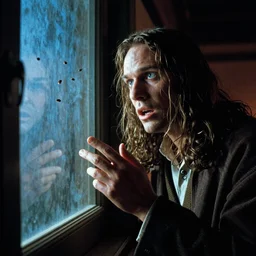 insane preist staring at flies on a window, film still from a horror movie, vibrant lighting, 4k