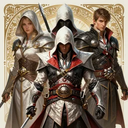 characters from the dragon prince combined with characters from assassin's creed, fantasy, intricate, elegant, highly detailed, digital painting, artstation, concept art, matte, sharp focus, illustration, hearthstone, art by artgerm and greg rutkowski and alphonse mucha