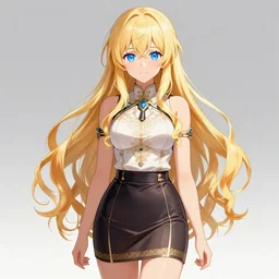 a very beautiful anime grown girl, full body, long wavy blond hair, sky blue eyes, full round face, short smile, fancy top, miniskirt, front view, medium shot, mid-shot, highly detailed, cinematic wallpaper by Stanley Artgerm Lau