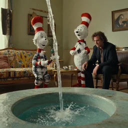 water flows through the living room, water caustics, film still from the movie directed by denis villeneuve and david cronenberg with art direction by salvador dali and dr. seuss
