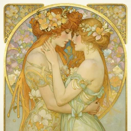 the embrace | romance love passion tenderness | highly detailed | very intricate | art nouveau | gold filigree | pre - raphaelite romantic storybook fantasy | made of flowers | soft cinematic lighting | award - winning | painted by mandy jurgens and audrey kawasaki | pastel color palette | featured on artstation