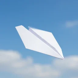 paper plane made of origami flying, blue sky with clouds in the background. photorealistic.
