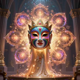 a centered render of an alluring goddess wearing a psychedelic mask surrounded by a glorious sacred energy made from geometry and spiral mandel bulb fractals in a majestic cathedral, powerful, cinematic, beautifully lit, by artgerm, by karol bak, 3 d, trending on artstation, octane render, 8 k